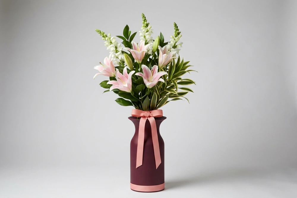Arranjo de Lírios Rosas e Boca de Leão em Vaso de Vidro - Um Toque de Luxo