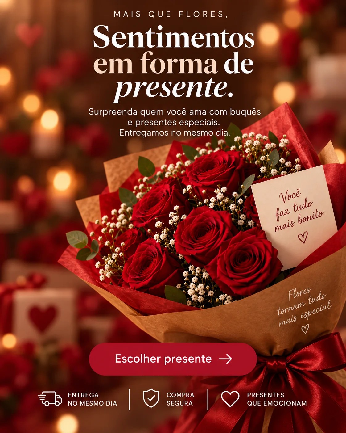 Buquê de rosas vermelhas com a mensagem Sentimentos em forma de presente