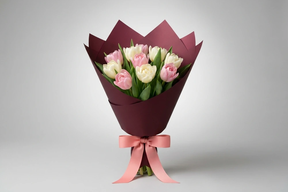 Buquê de Tulipas Brancas e Rosas com Embalagem Branca Luxuosa